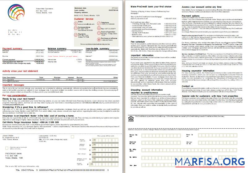 Realistic Albania ProCredit bank mortgage statement, 2 pages 1 2 scr example